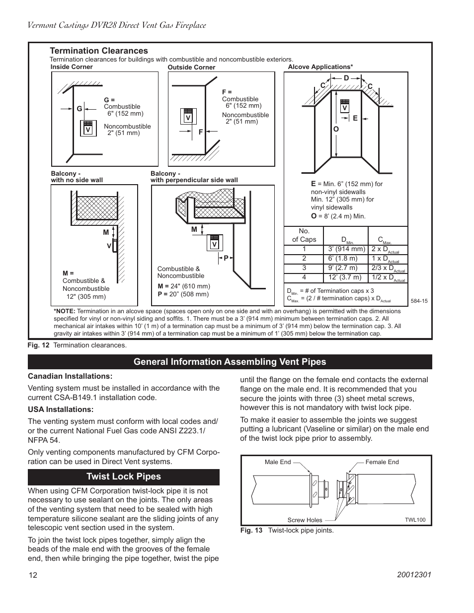 Vermont castings dvr28 direct vent gas fireplace, General information assembling vent pipes, Twist lock pipes | Termination clearances | Vermont Casting DVR28IN User Manual | Page 12 / 32