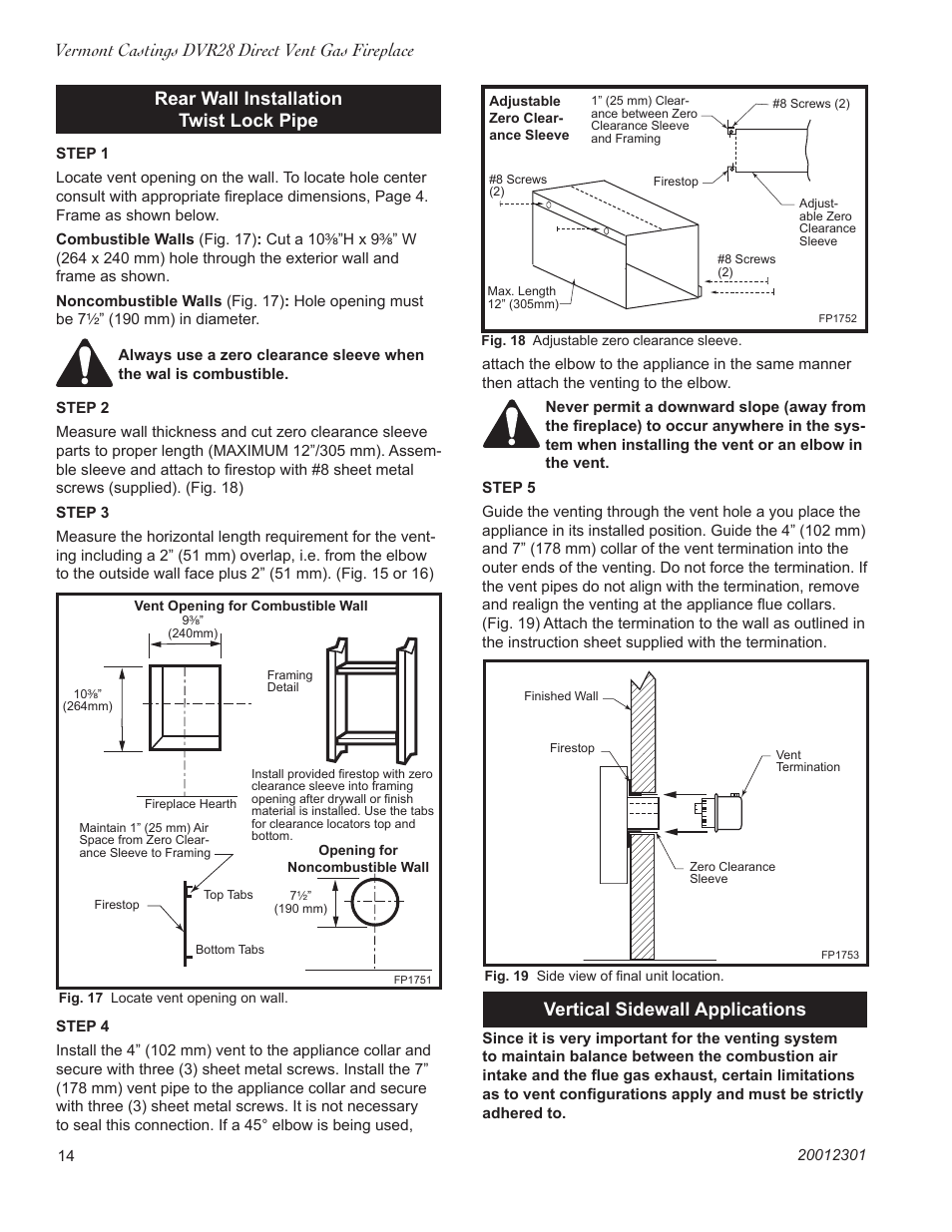 Vermont castings dvr28 direct vent gas fireplace, Vertical sidewall applications | Vermont Casting DVR28IN User Manual | Page 14 / 32