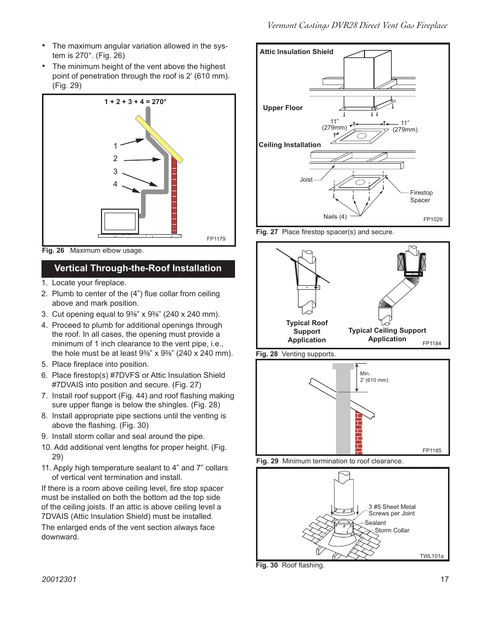 Vermont castings dvr28 direct vent gas fireplace, Vertical through-the-roof installation, Fp1184 typical roof/ceiling support apps | Vermont Casting DVR28IN User Manual | Page 17 / 32