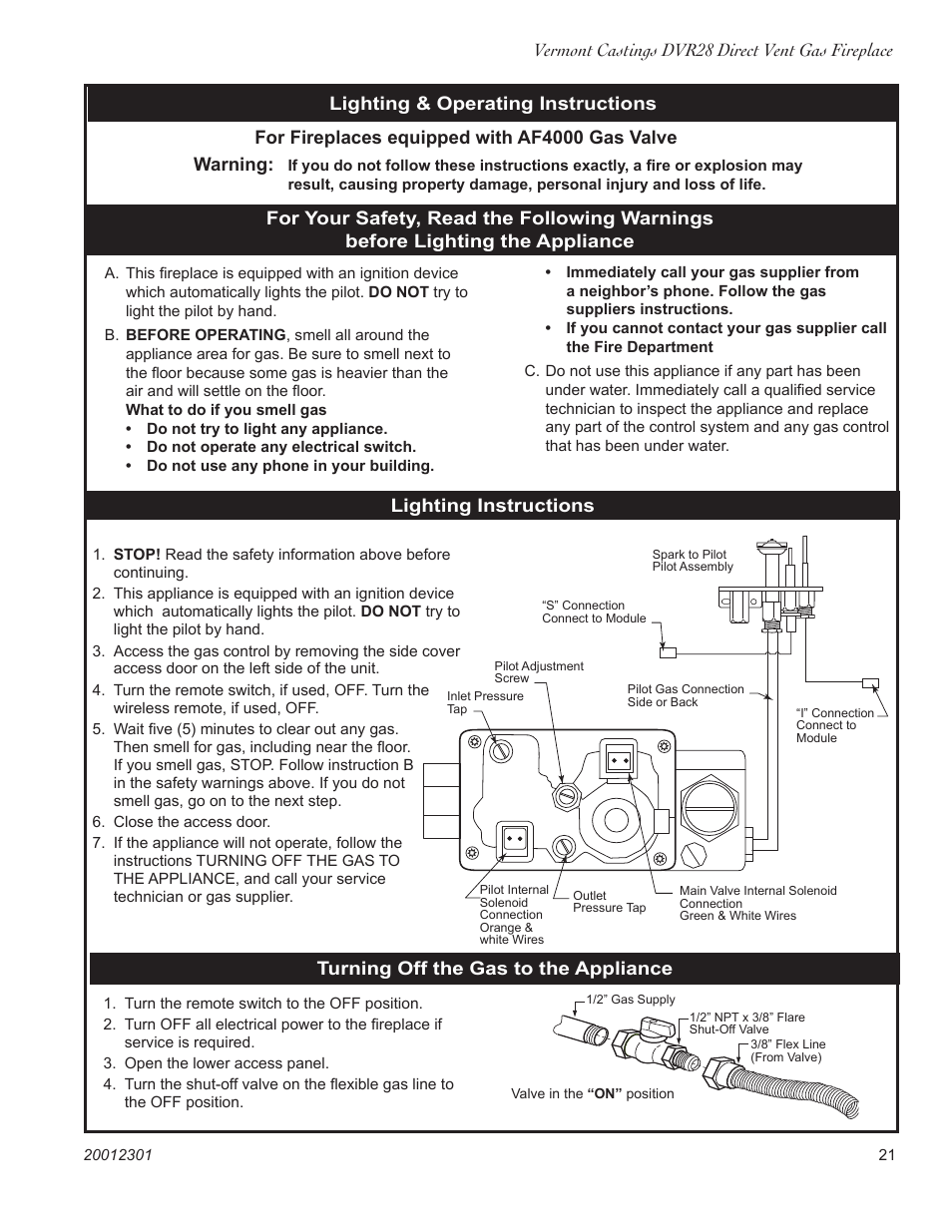 For fireplaces equipped with af4000 gas valve, Warning | Vermont Casting DVR28IN User Manual | Page 21 / 32