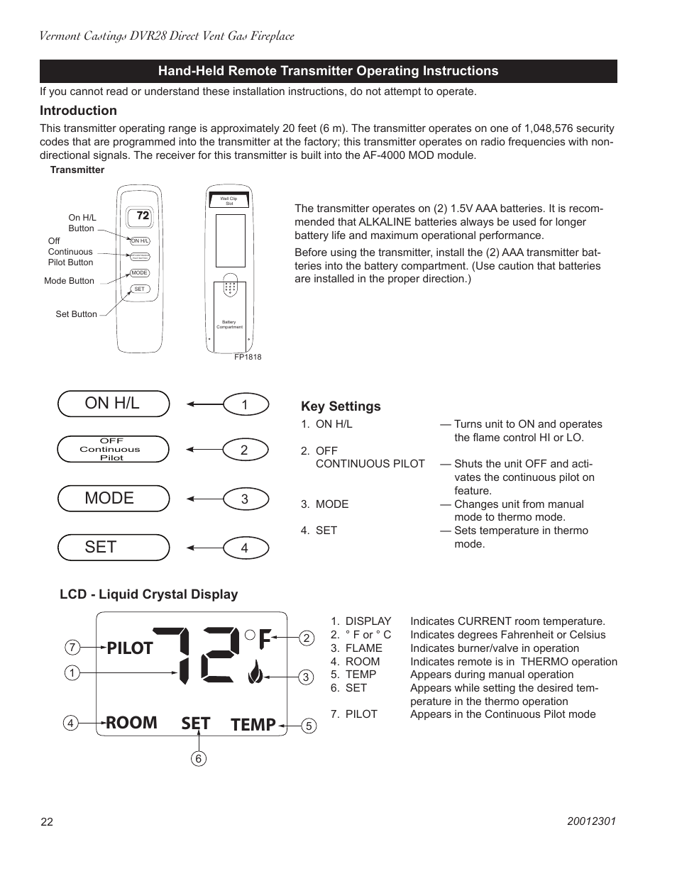 On h/l, Mode, Introduction | 4key settings, Lcd - liquid crystal display | Vermont Casting DVR28IN User Manual | Page 22 / 32