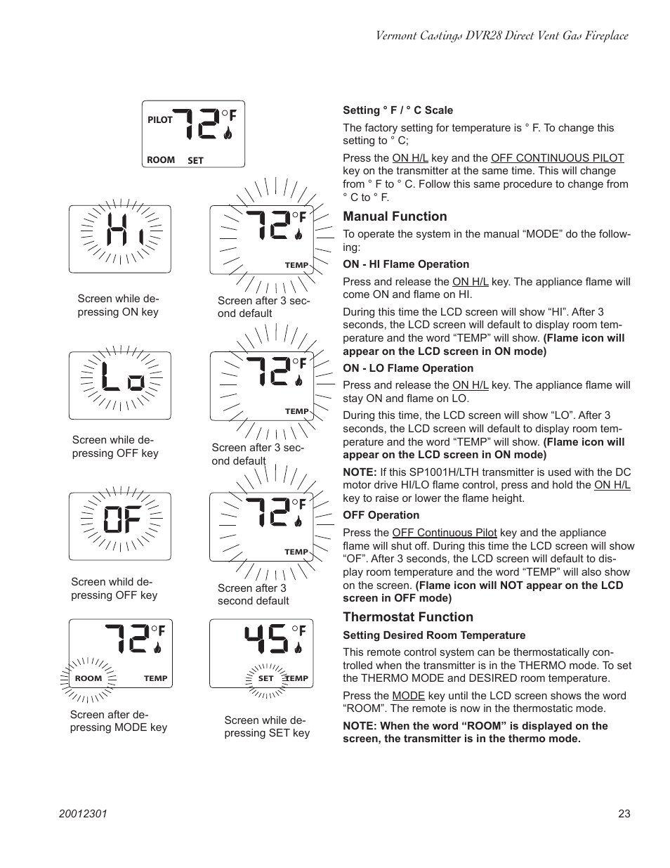 Vermont castings dvr28 direct vent gas fireplace, Manual function, Thermostat function | Vermont Casting DVR28IN User Manual | Page 23 / 32