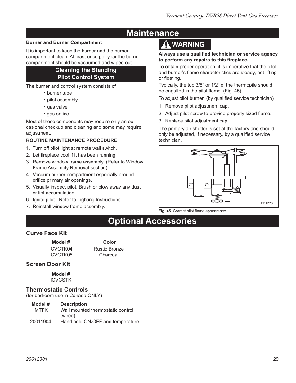 Maintenance, Optional accessories, Warning | Vermont Casting DVR28IN User Manual | Page 29 / 32