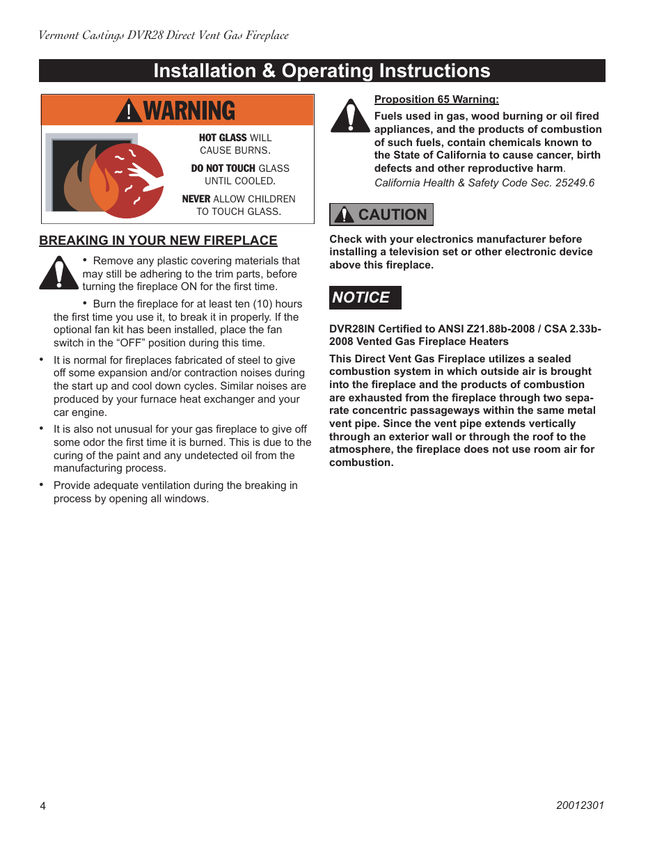 Installation & operating instructions, Caution notice | Vermont Casting DVR28IN User Manual | Page 4 / 32