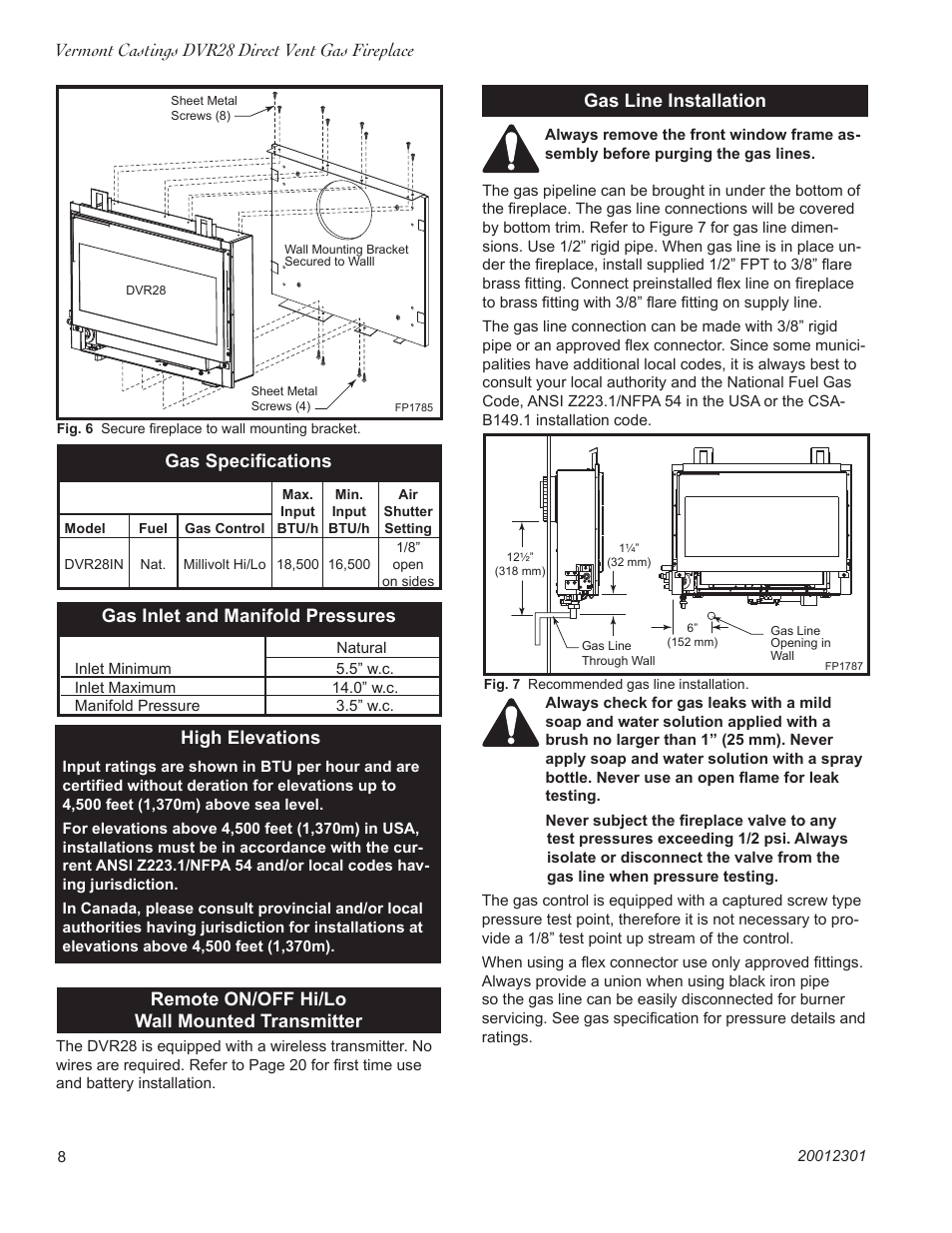 Vermont castings dvr28 direct vent gas fireplace, High elevations, Gas line installation | Remote on/off hi/lo wall mounted transmitter, Gas inlet and manifold pressures, Gas speciﬁcations | Vermont Casting DVR28IN User Manual | Page 8 / 32