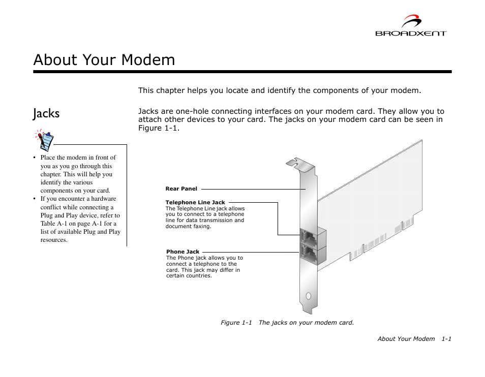 Jacks, About your modem, Jacks -1 | CREATIVE DSI V.92 User Manual | Page 10 / 60