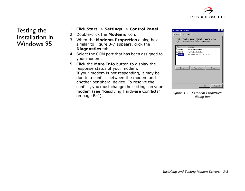 Testing the installation in windows 95, Testing the installation in windows 95 -5, Testing the installation in | CREATIVE DSI V.92 User Manual | Page 21 / 60