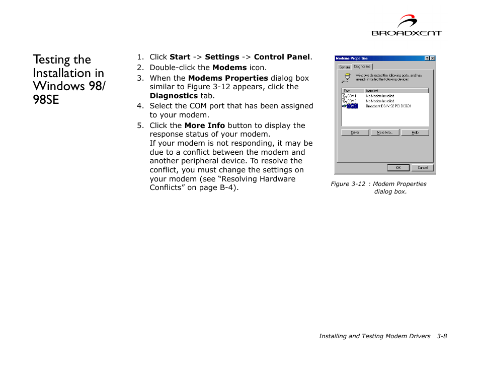 Testing the installation in windows 98/ 98se, Testing the installation in windows 98/98se -8, Testing the installation in windows 98/98se | Testing the installation in | CREATIVE DSI V.92 User Manual | Page 24 / 60