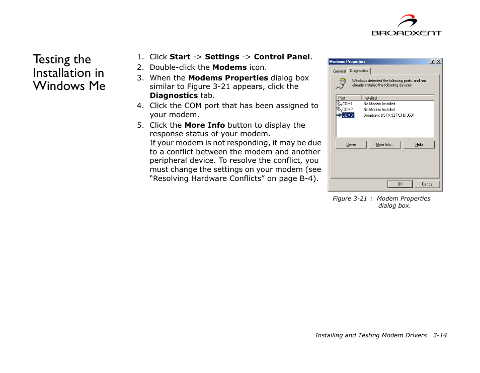 Testing the installation in windows me, Testing the installation in windows me -14 | CREATIVE DSI V.92 User Manual | Page 30 / 60