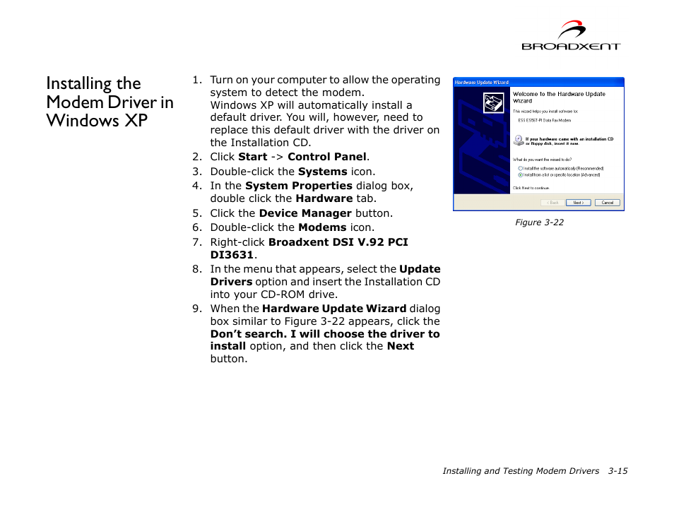 Installing the modem driver in windows xp, Installing the modem driver in windows xp -15 | CREATIVE DSI V.92 User Manual | Page 31 / 60