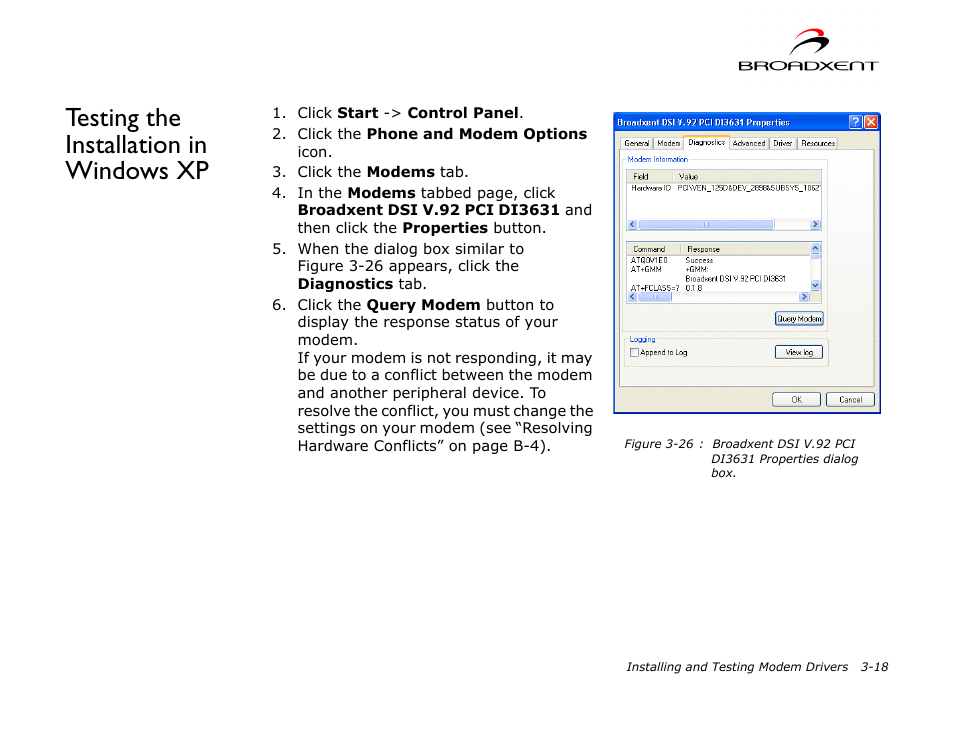 Testing the installation in windows xp, Testing the installation in windows xp -18, Testing the installation in | CREATIVE DSI V.92 User Manual | Page 34 / 60