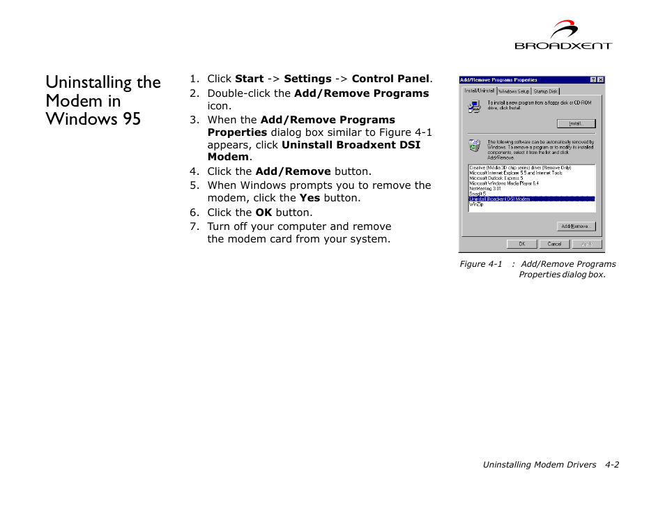 Uninstalling the modem in windows 95, Uninstalling the modem in windows 95 -2 | CREATIVE DSI V.92 User Manual | Page 37 / 60