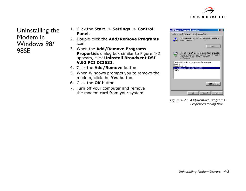 Uninstalling the modem in windows 98/ 98se, Uninstalling the modem in windows 98/98se -3, Uninstalling the modem in windows 98/98se | CREATIVE DSI V.92 User Manual | Page 38 / 60