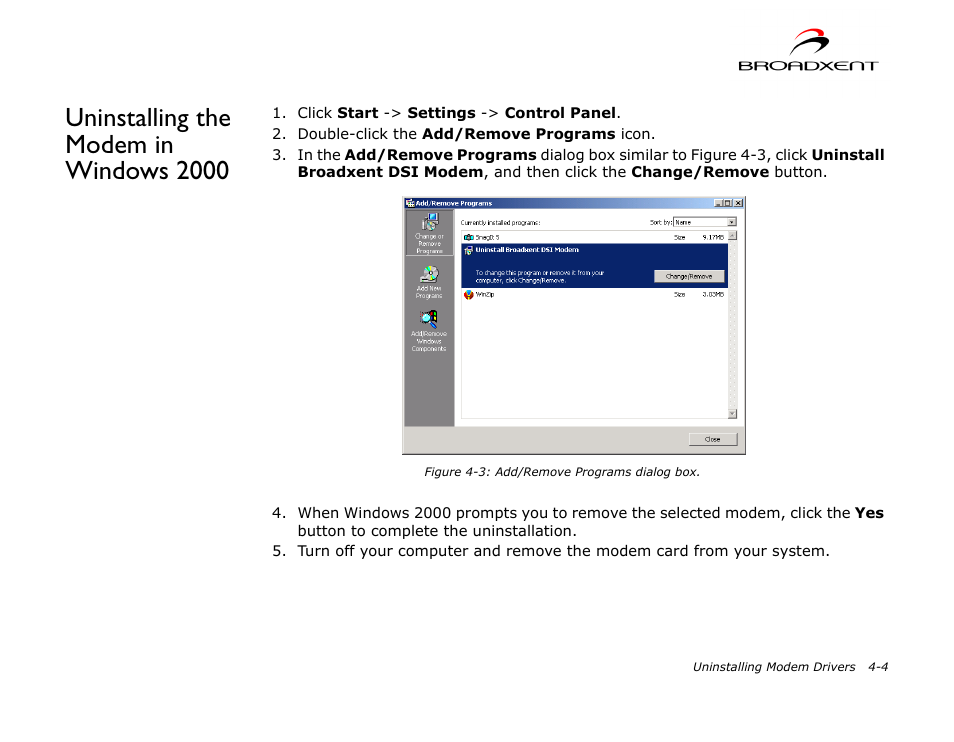 Uninstalling the modem in windows 2000, Uninstalling the modem in windows 2000 -4 | CREATIVE DSI V.92 User Manual | Page 39 / 60