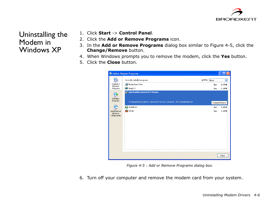 Uninstalling the modem in windows xp, Uninstalling the modem in windows xp -6 | CREATIVE DSI V.92 User Manual | Page 41 / 60