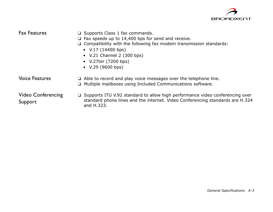 Fax features, Voice features, Video conferencing support | CREATIVE DSI V.92 User Manual | Page 49 / 60