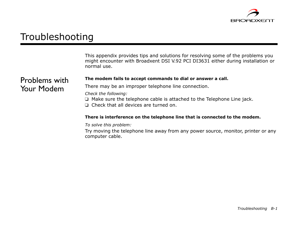 Problems with your modem, Troubleshooting | CREATIVE DSI V.92 User Manual | Page 51 / 60