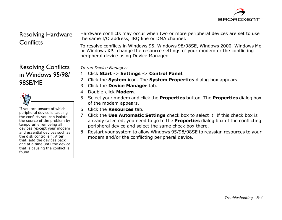 Resolving conflicts in windows 95/98/ 98se/me, Resolving conflicts in windows 95/98, Resolving hardware conflicts | CREATIVE DSI V.92 User Manual | Page 54 / 60