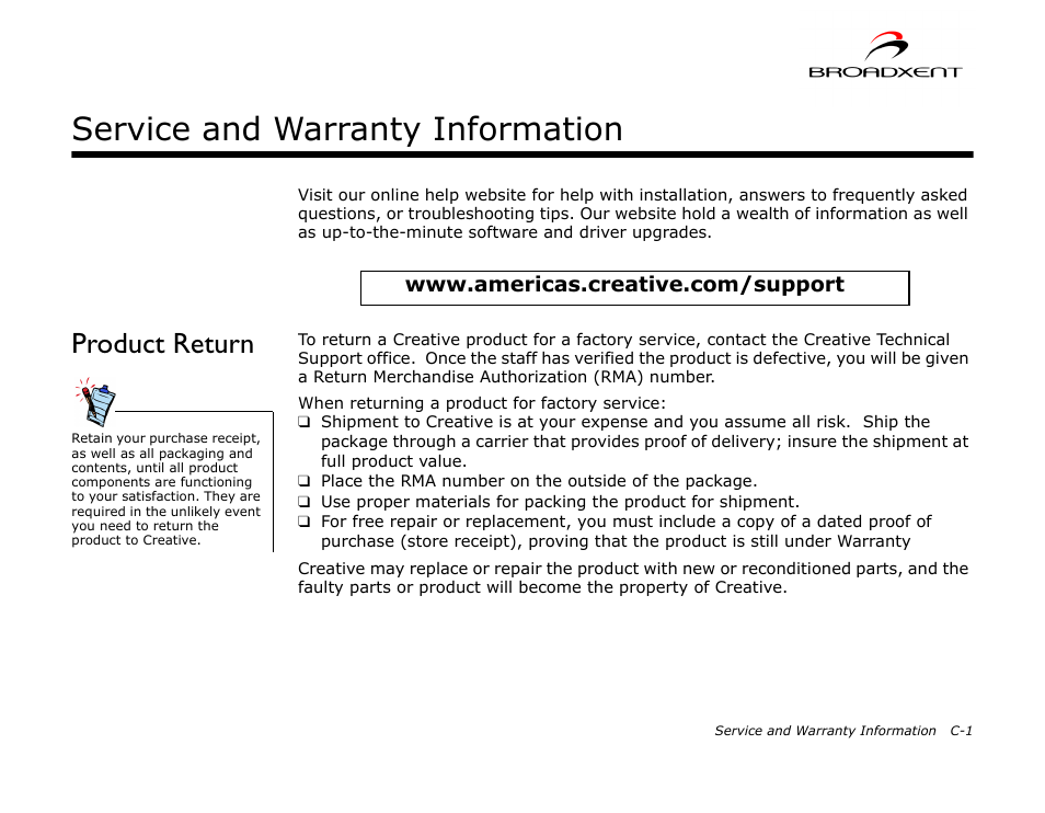 Product return, Service and warranty information | CREATIVE DSI V.92 User Manual | Page 58 / 60