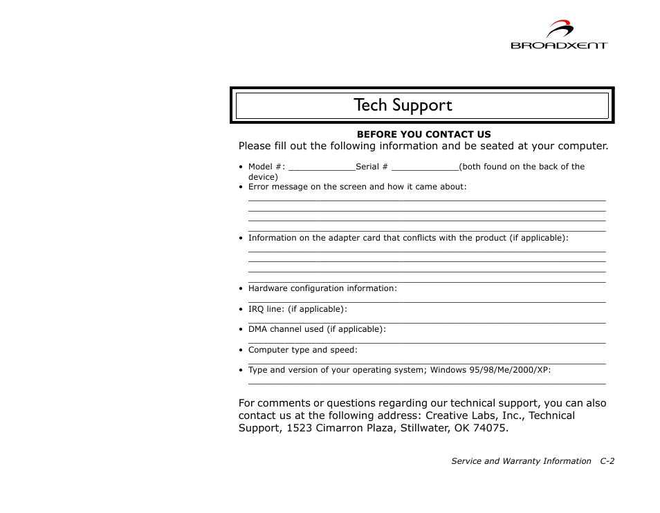 Tech support | CREATIVE DSI V.92 User Manual | Page 59 / 60
