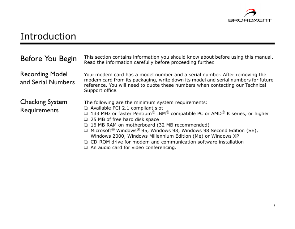 Before you begin, Recording model and serial numbers, Checking system requirements | Introduction | CREATIVE DSI V.92 User Manual | Page 7 / 60