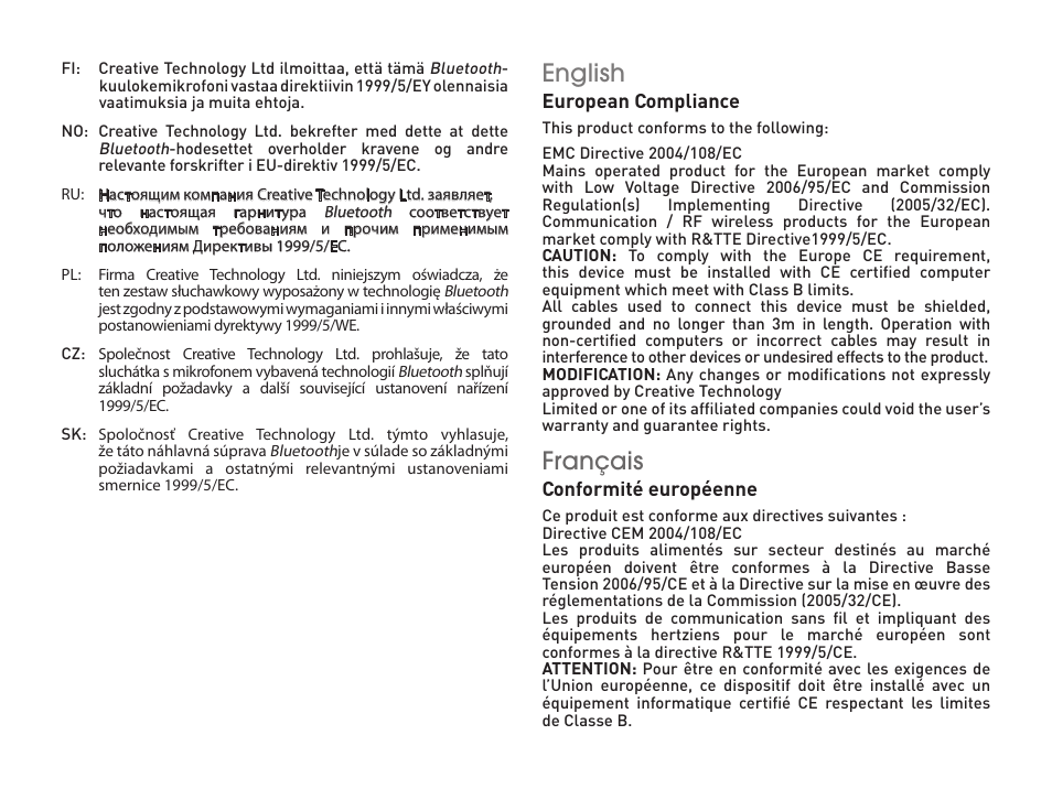 English, Français, European compliance | Conformité européenne | CREATIVE WP 450 User Manual | Page 74 / 80
