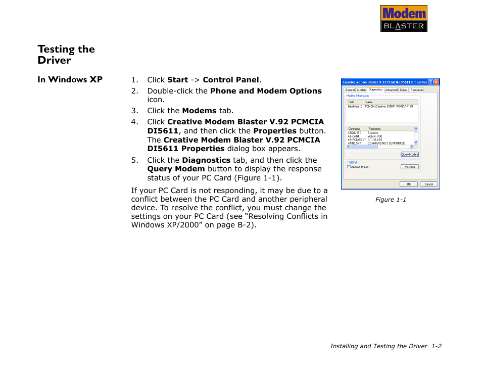 Testing the driver, In windows xp | CREATIVE Modem Blaster V.92 PCMCIA DI5611 User Manual | Page 13 / 40