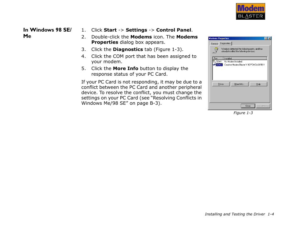 In windows 98 se/ me | CREATIVE Modem Blaster V.92 PCMCIA DI5611 User Manual | Page 15 / 40