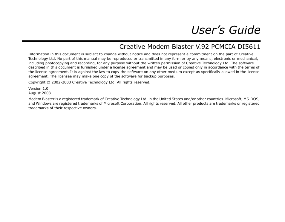 User's guide, User’s guide | CREATIVE Modem Blaster V.92 PCMCIA DI5611 User Manual | Page 2 / 40