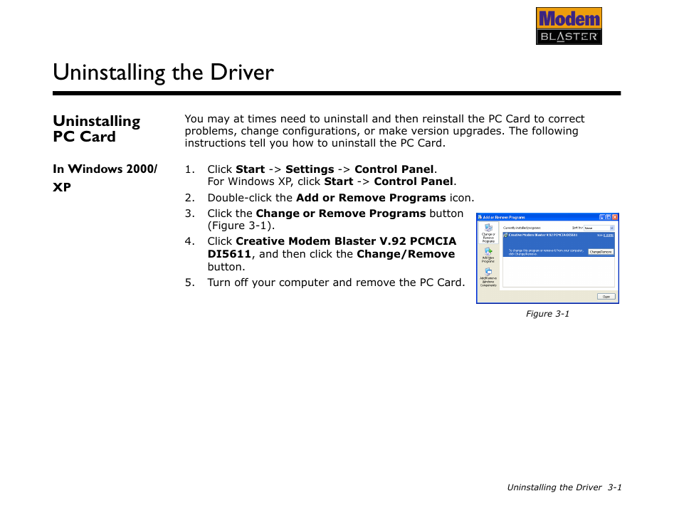 Uninstalling pc card, In windows 2000/ xp, Uninstalling pc card -1 | Uninstalling the driver | CREATIVE Modem Blaster V.92 PCMCIA DI5611 User Manual | Page 21 / 40