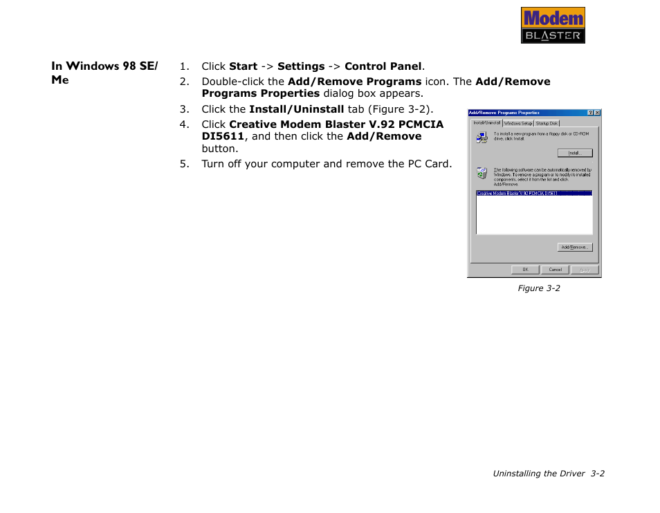In windows 98 se/ me, In windows 98 se/me -2 | CREATIVE Modem Blaster V.92 PCMCIA DI5611 User Manual | Page 22 / 40