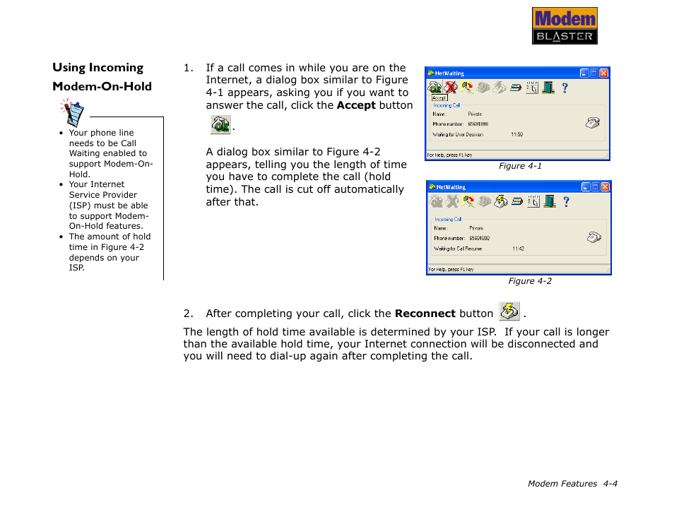 Using incoming modem-on-hold, Using incoming modem-on-hold -4 | CREATIVE Modem Blaster V.92 PCMCIA DI5611 User Manual | Page 27 / 40