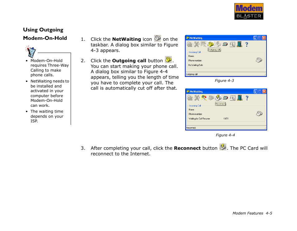 Using outgoing modem-on-hold, Using outgoing modem-on-hold -5 | CREATIVE Modem Blaster V.92 PCMCIA DI5611 User Manual | Page 28 / 40