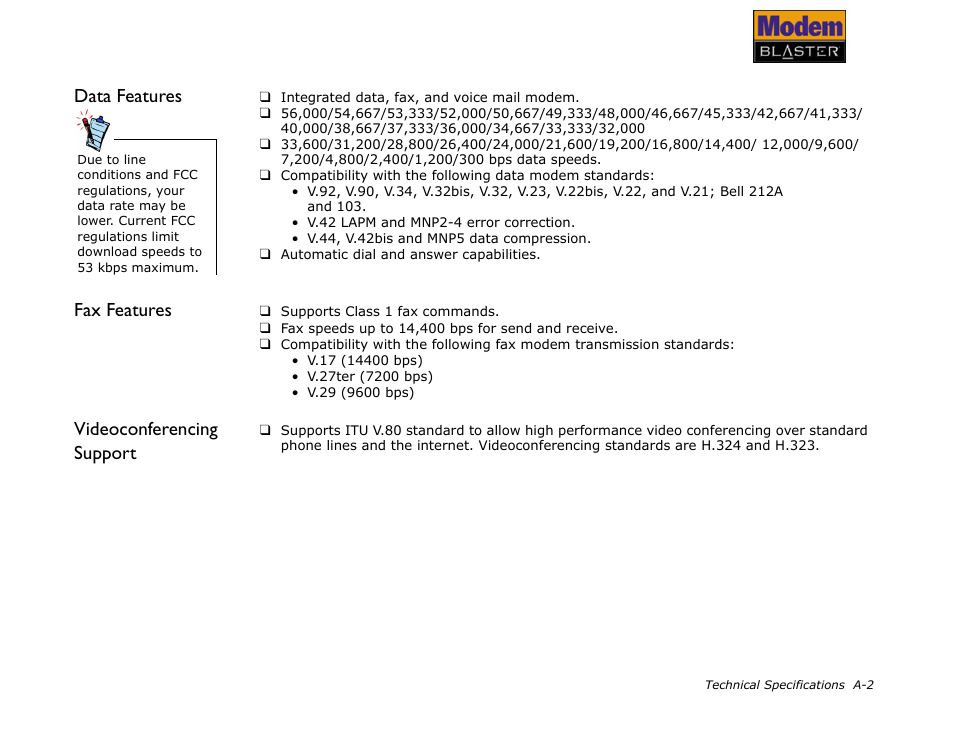 Data features, Fax features, Videoconferencing support | CREATIVE Modem Blaster V.92 PCMCIA DI5611 User Manual | Page 31 / 40