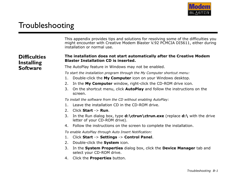 Difficulties installing software, Troubleshooting | CREATIVE Modem Blaster V.92 PCMCIA DI5611 User Manual | Page 33 / 40