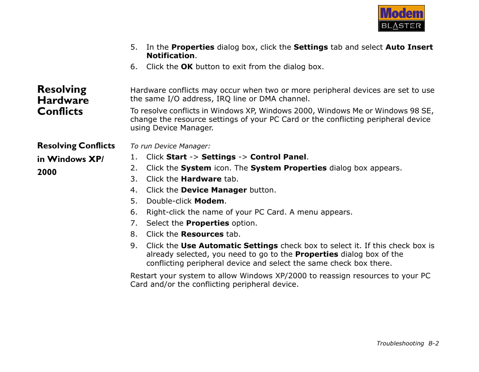 Resolving hardware conflicts, Resolving conflicts in windows xp/ 2000 | CREATIVE Modem Blaster V.92 PCMCIA DI5611 User Manual | Page 34 / 40