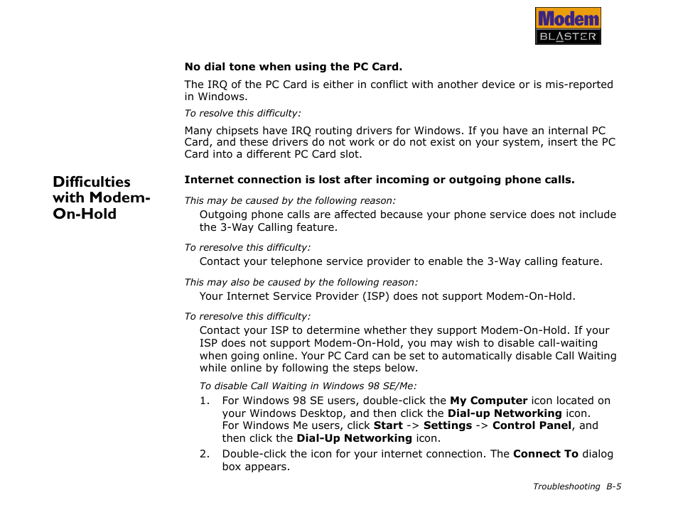 Difficulties with modem- on-hold | CREATIVE Modem Blaster V.92 PCMCIA DI5611 User Manual | Page 37 / 40
