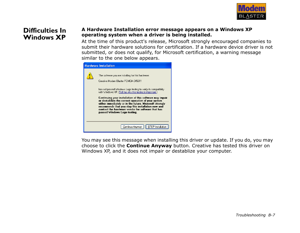 Difficulties in windows xp | CREATIVE Modem Blaster V.92 PCMCIA DI5611 User Manual | Page 39 / 40