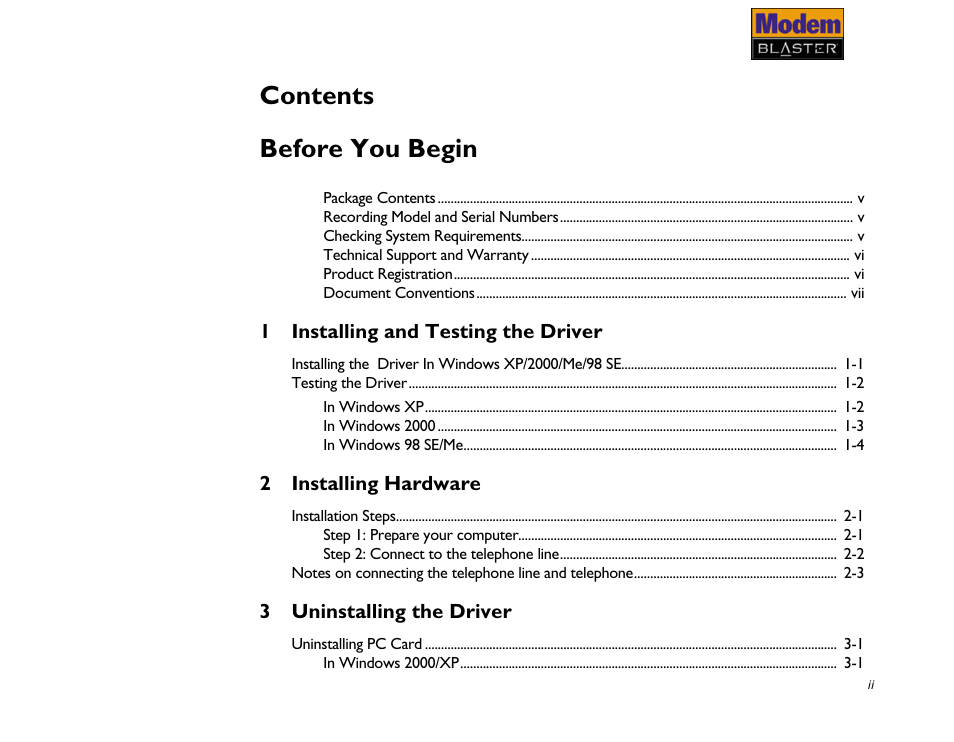 Contents before you begin | CREATIVE Modem Blaster V.92 PCMCIA DI5611 User Manual | Page 4 / 40