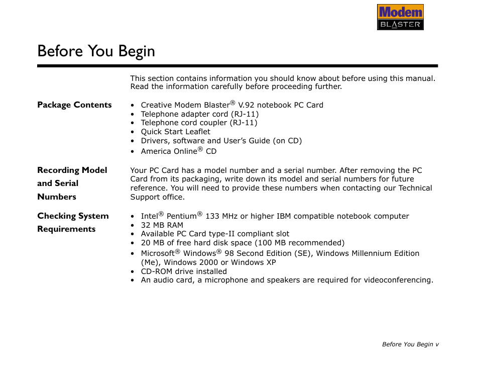 Package contents, Recording model and serial numbers, Checking system requirements | Before you begin | CREATIVE Modem Blaster V.92 PCMCIA DI5611 User Manual | Page 8 / 40