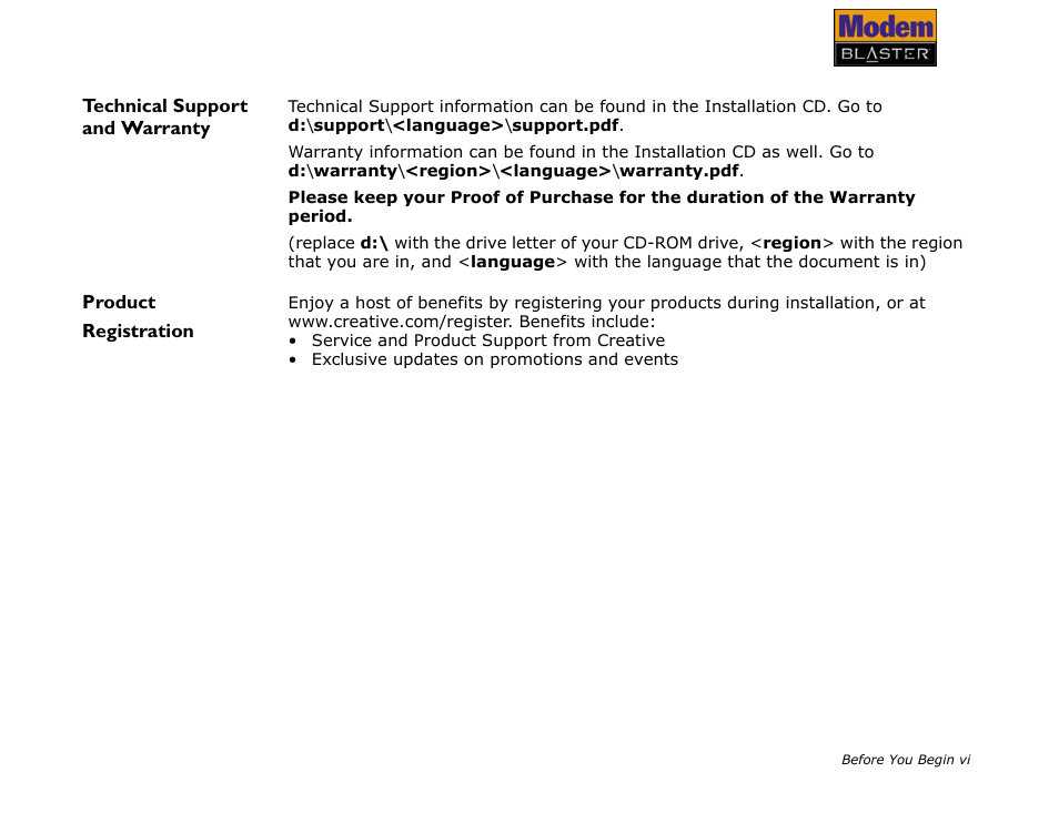 Technical support and warranty, Product registration | CREATIVE Modem Blaster V.92 PCMCIA DI5611 User Manual | Page 9 / 40