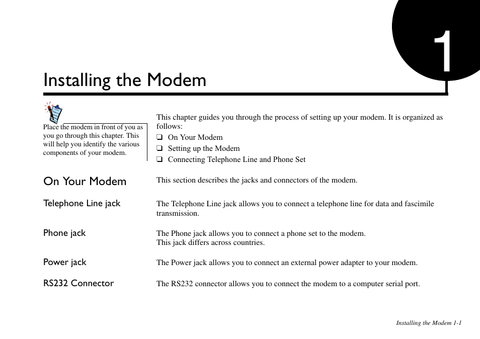 Installing the modem, On your modem, Telephone line jack | Phone jack, Power jack, Rs232 connector, On your modem -1 | CREATIVE Blaster v.92 External User Manual | Page 10 / 35