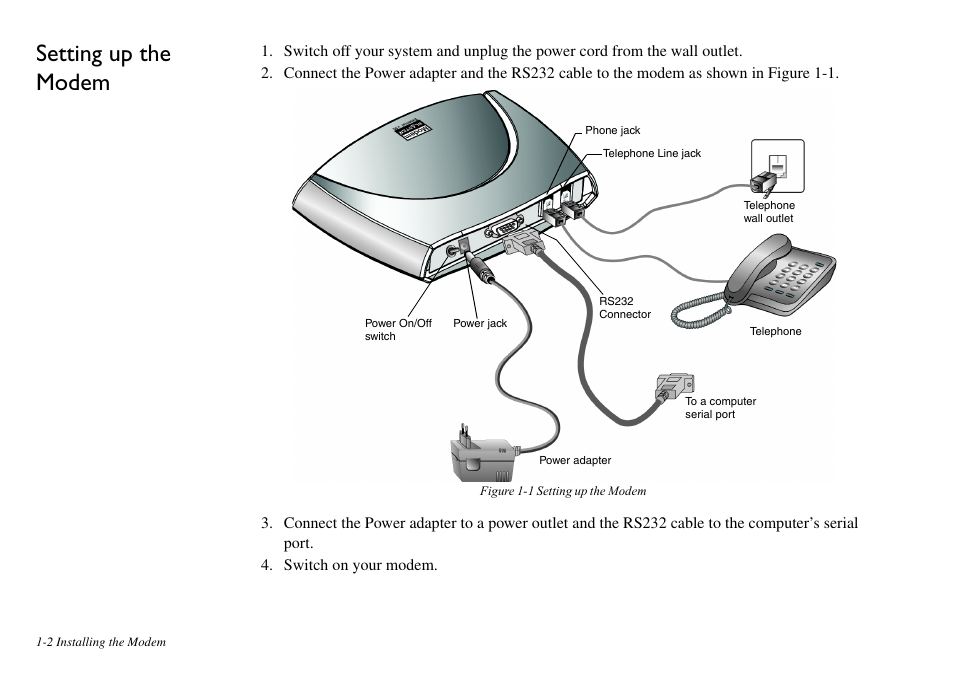 Setting up the modem, Setting up the modem -2 | CREATIVE Blaster v.92 External User Manual | Page 11 / 35