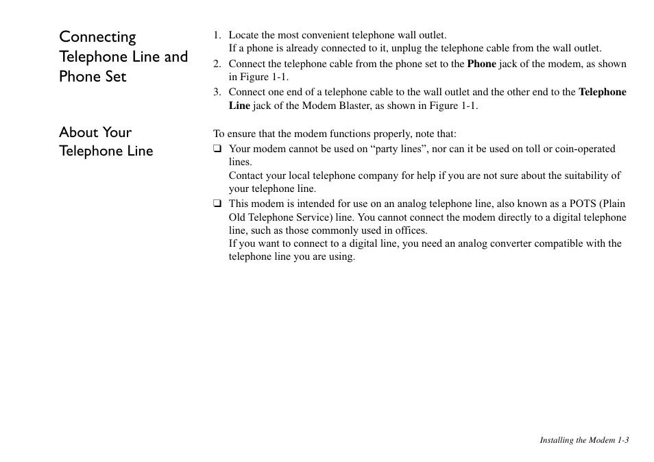 Connecting telephone line and phone set, About your telephone line, Connecting telephone line and phone set -3 | About your, Telephone line -3 | CREATIVE Blaster v.92 External User Manual | Page 12 / 35