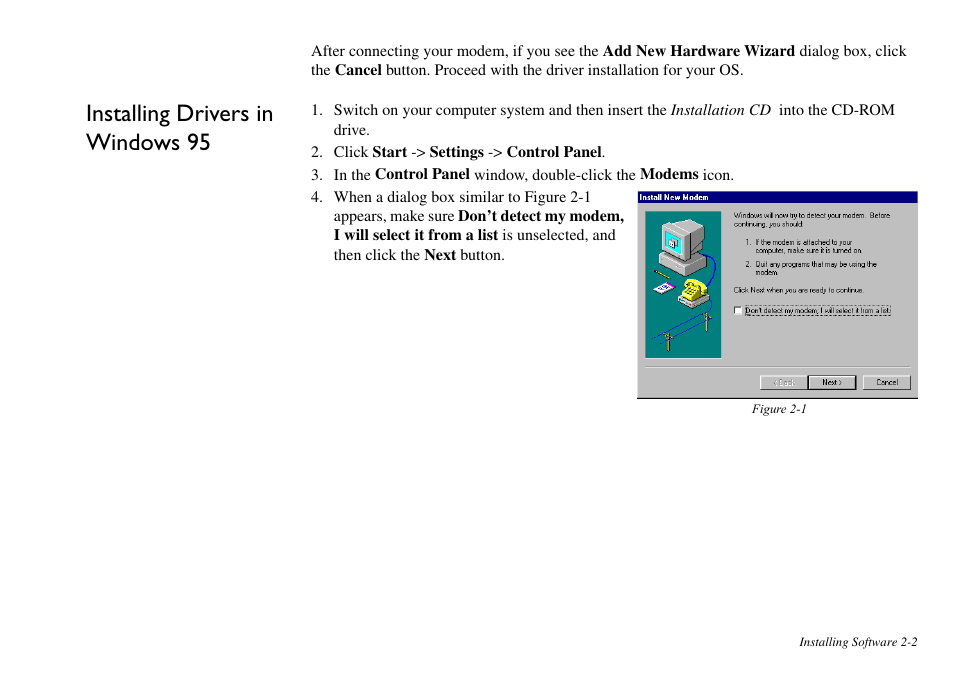 Installing drivers in windows 95, Installing drivers in windows 95 -2 | CREATIVE Blaster v.92 External User Manual | Page 14 / 35