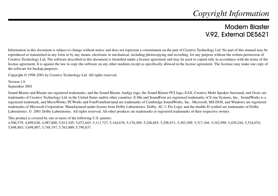 Copyright information | CREATIVE Blaster v.92 External User Manual | Page 2 / 35