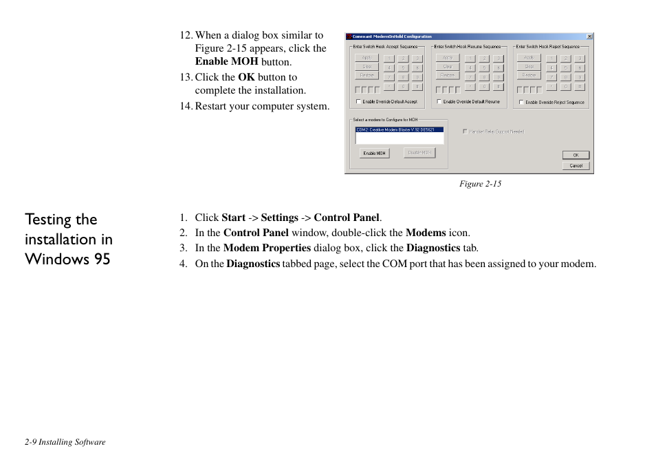 Testing the installation in windows 95, Testing the installation in windows 95 -9 | CREATIVE Blaster v.92 External User Manual | Page 21 / 35