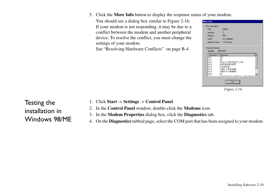Testing the installation in windows 98/me, Testing the installation in windows 98/me -10 | CREATIVE Blaster v.92 External User Manual | Page 22 / 35