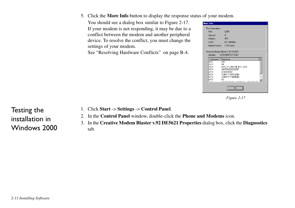 Testing the installation in windows 2000, Testing the installation in windows 2000 -11 | CREATIVE Blaster v.92 External User Manual | Page 23 / 35