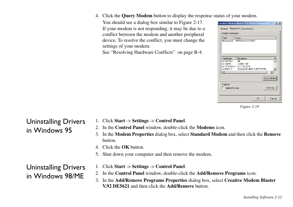 Uninstalling drivers in windows 95, Uninstalling drivers in windows 98/me | CREATIVE Blaster v.92 External User Manual | Page 24 / 35